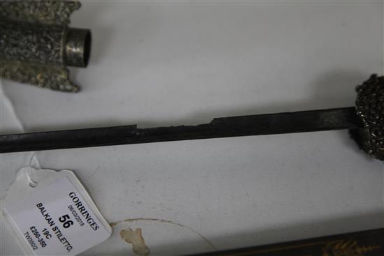 A Balkan niello and white metal-mounted stiletto and scabbard, 19th century, L 42.5cm (blade); 57cm (overall)